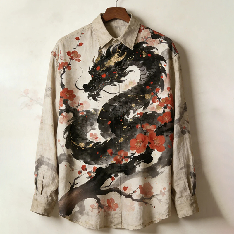 Men's Ink Painting Dragon Flower Print Long Sleeve Shirt  artssus