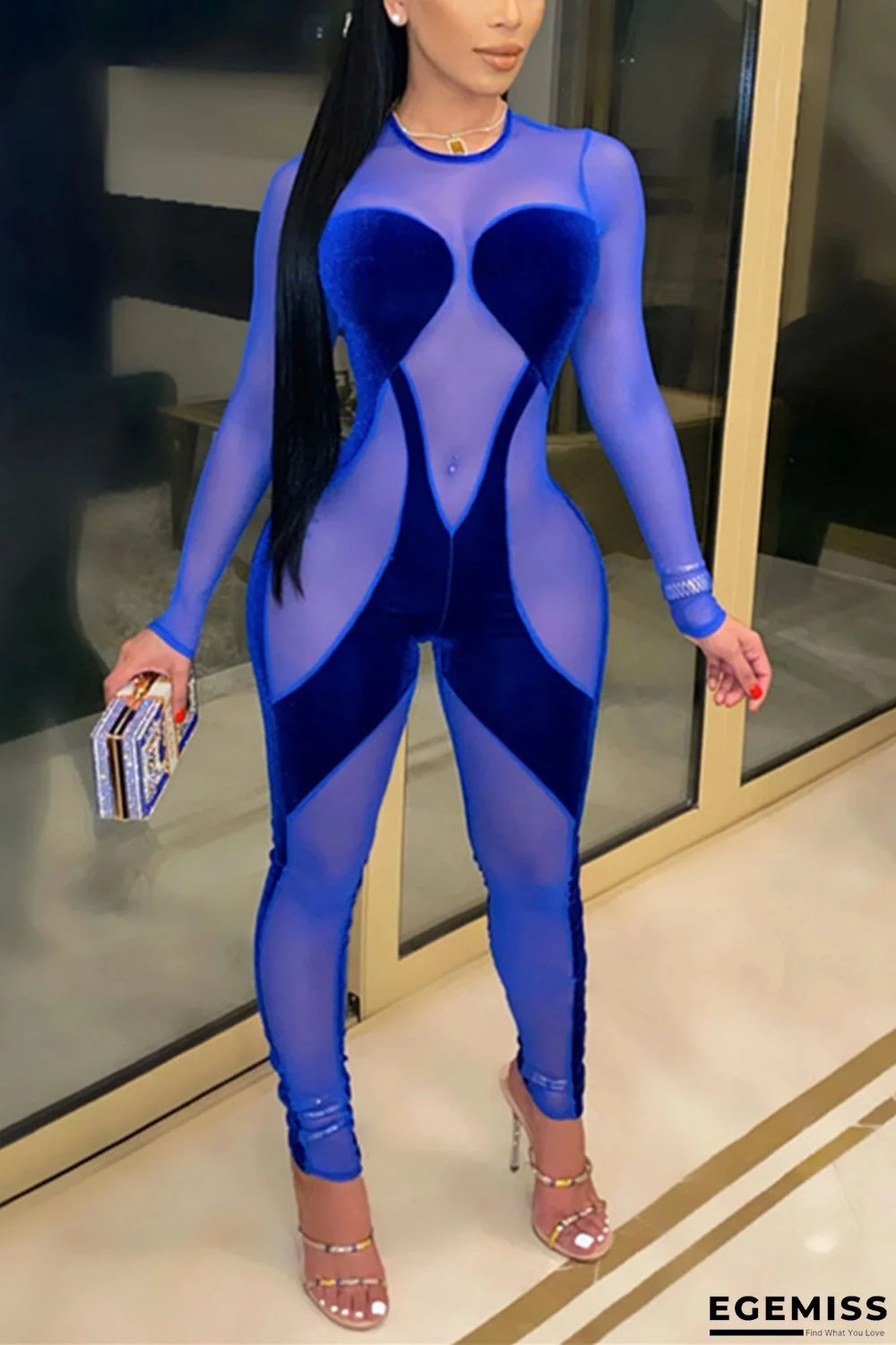 Blue Fashion Sexy Patchwork Solid See-through O Neck Skinny Jumpsuits | EGEMISS