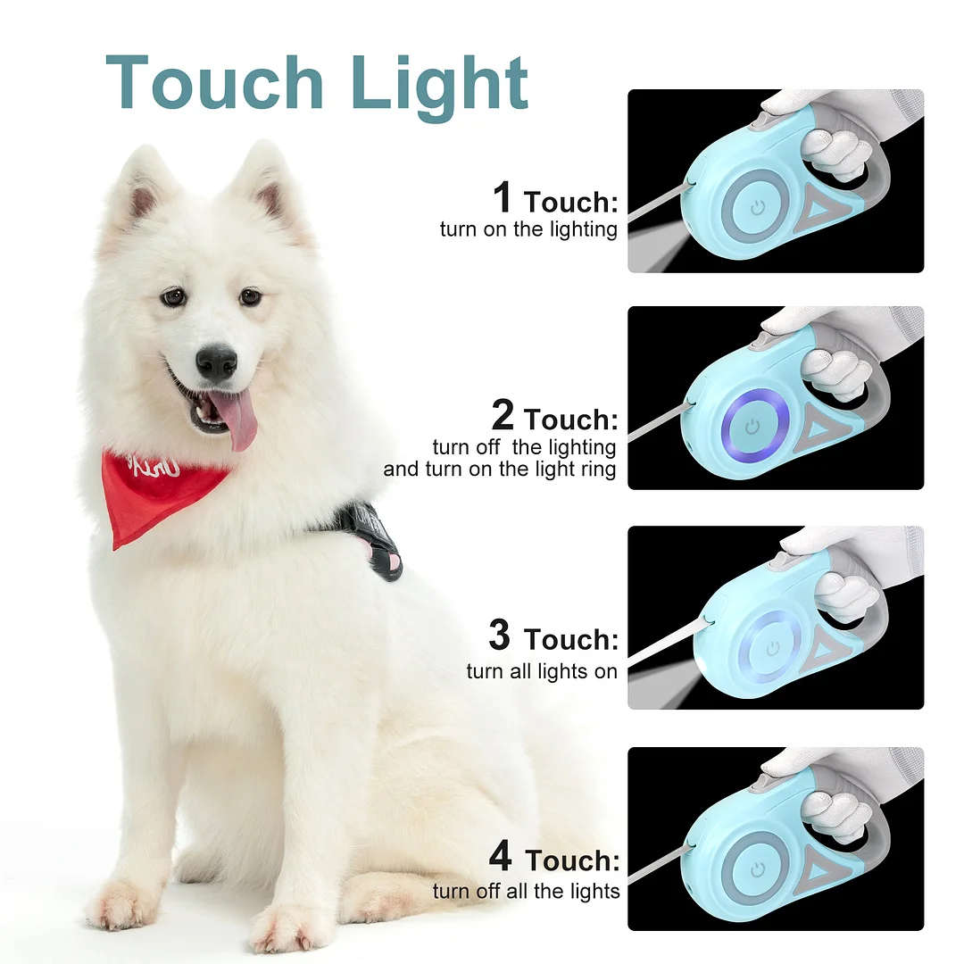 BEBANG Retractable Dog Leash, 16ft with Light, Anti-Slip Handle, One Button Brake & Lock Tangle-Free Dog Retractable Leash