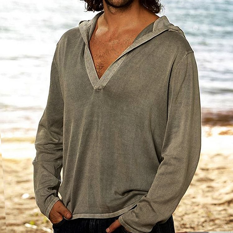 Men's Beach Boho Linen Hooded Long Sleeve T-Shirt