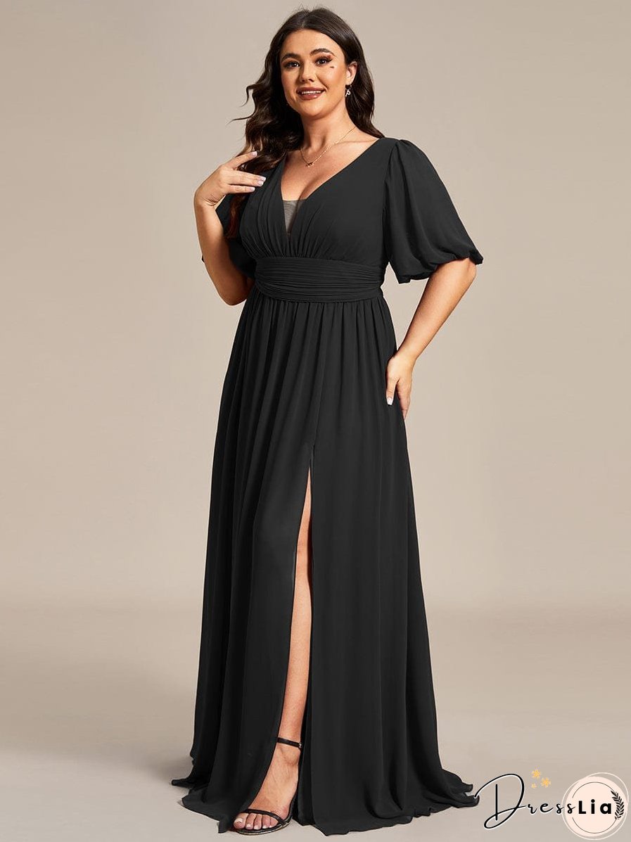 Elegant Deep V-Neck A-Line Bridesmaid Dress with Half Puff Sleeves