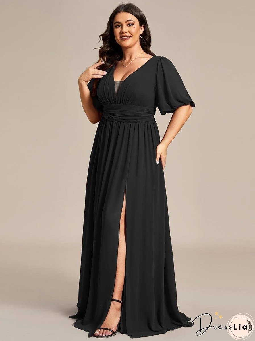 Elegant Deep V-Neck A-Line Bridesmaid Dress with Half Puff Sleeves