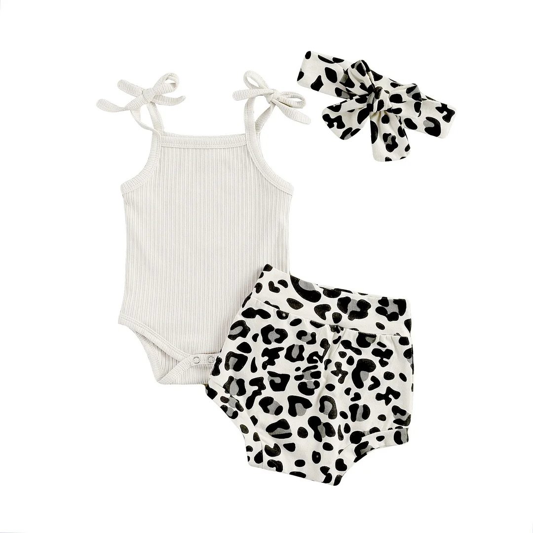 Infant Newborn Baby Girls 3 Pcs Outfits Suits, Sling Tank Tops Ribbed Romper Tops + Leopard Shorts + Headband Sets