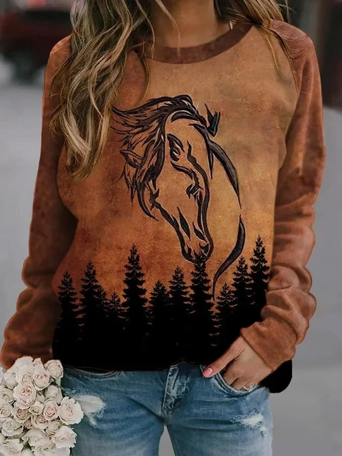 Vintage Horse Round Neck Printed Top