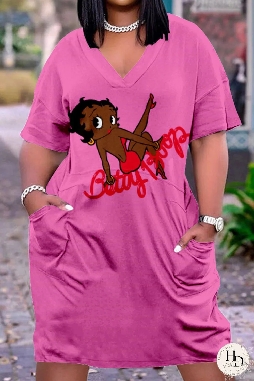 Multicolor Casual Street Print Patchwork V Neck Straight Dresses