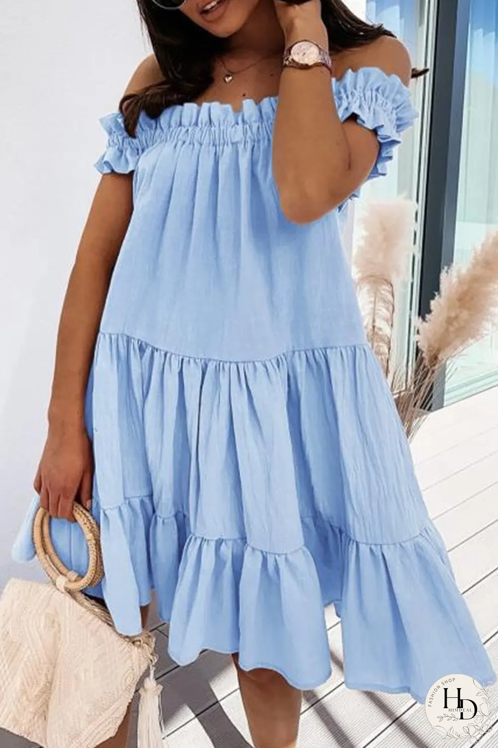 Sweet Solid Patchwork Flounce Off The Shoulder Cake Skirt Dresses(5 Colors)