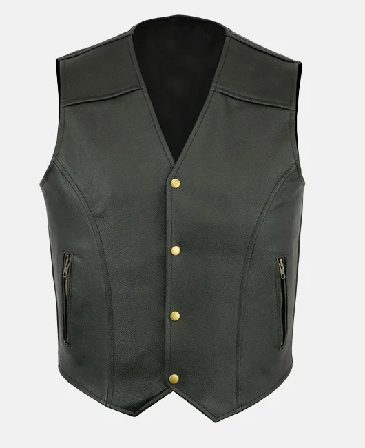 Fashion Zipper Pocket Single Breasted V Neck Leather Vest 