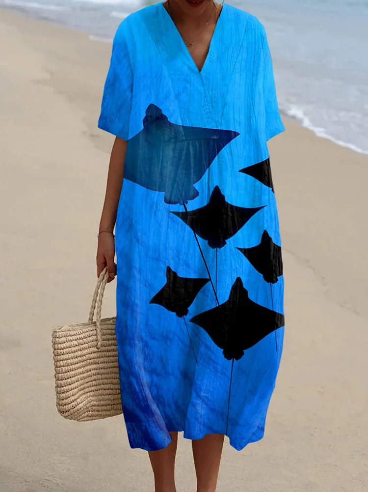 Artistic Manta Print V Neck Midi Dress