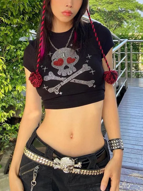 Gothic Dark Skull Short Sleeve Crew Neck Diamond-ironing Crop