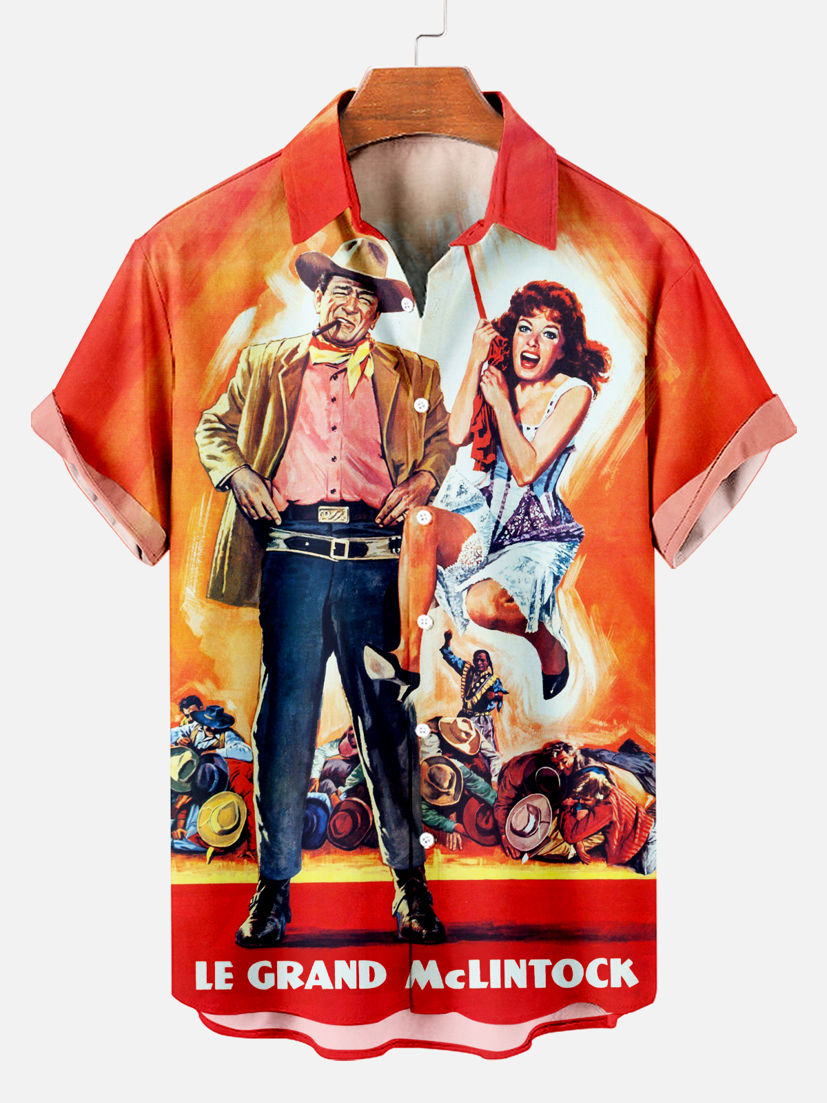 Men's Retro Movie Western Cowboy and Beauty Short Sleeve Shirt PLUSCLOTHESMAN