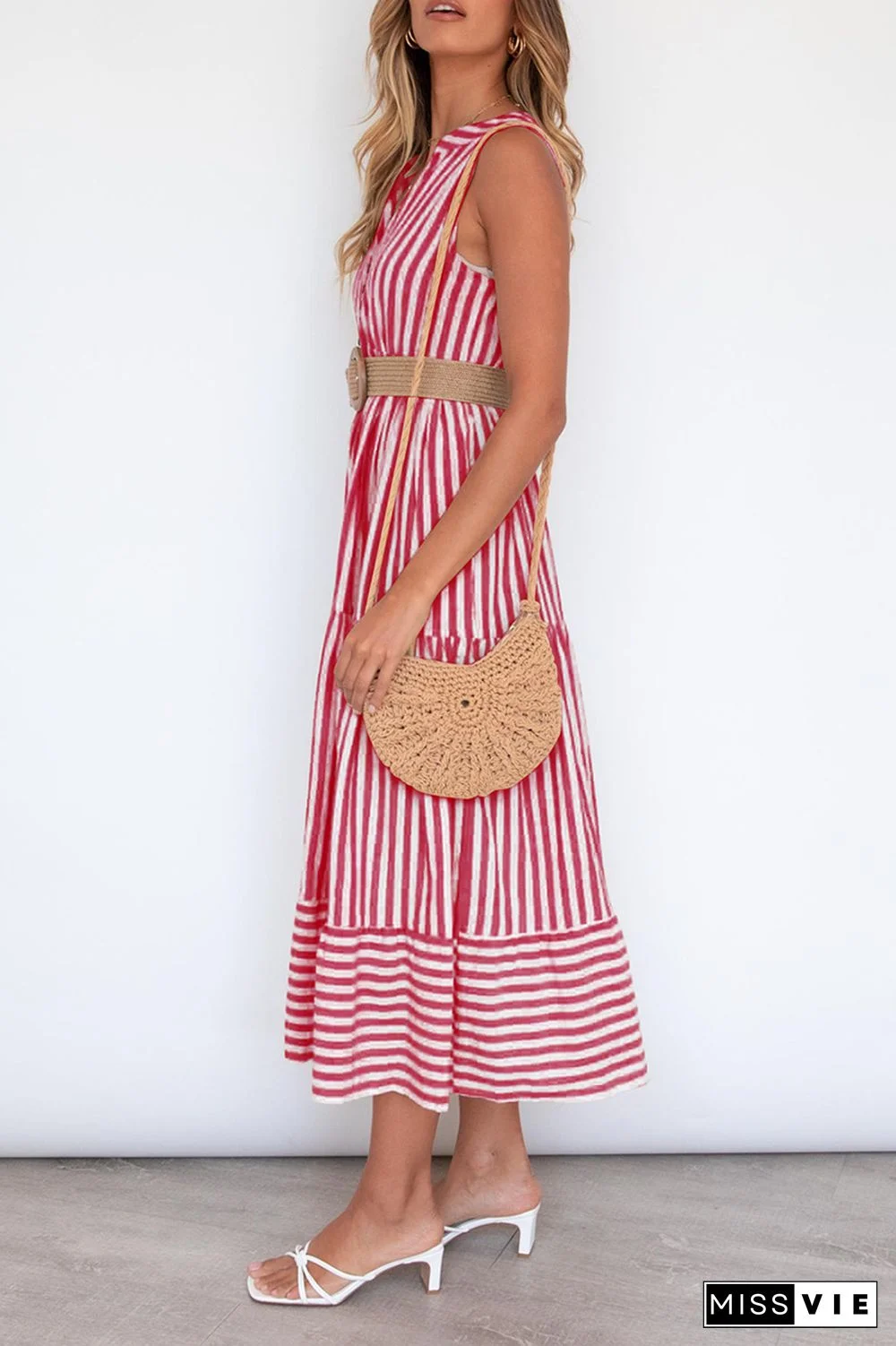 Casual Elegant Striped Flounce Without Belt V Neck A Line Dresses