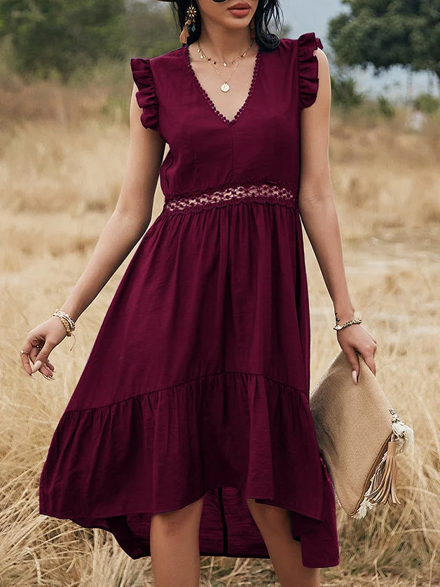 Women Half Sleeve V-neck Solid Color Dress