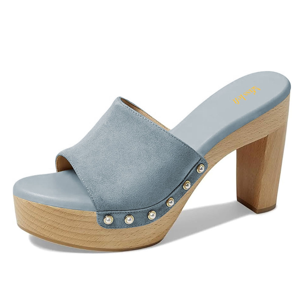 Light Blue Round Toe Platform Chunky High Heel Mules for Women Nicepairs