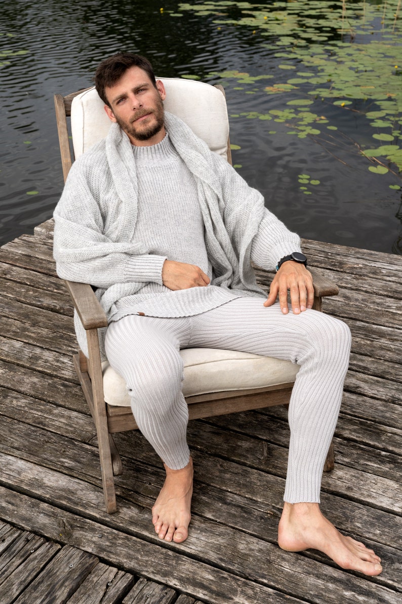 Knitted Merino Wool Unisex Jumper with Leggings Two Piece Set for Men