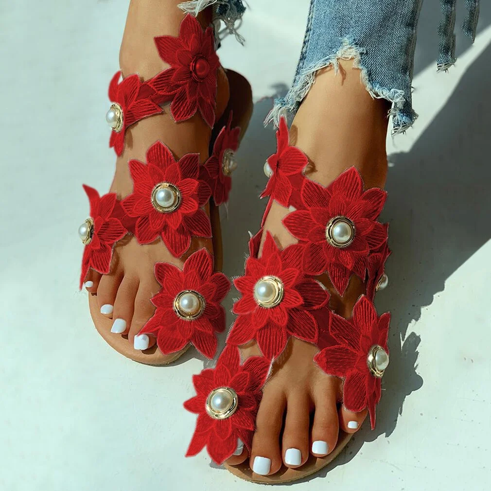 Women Leisure Sandals Bohemia Style Summer Shoes Beach Vacation Comfortable Flat Sandals Fashion Open Toe Pearl Flower Sandals