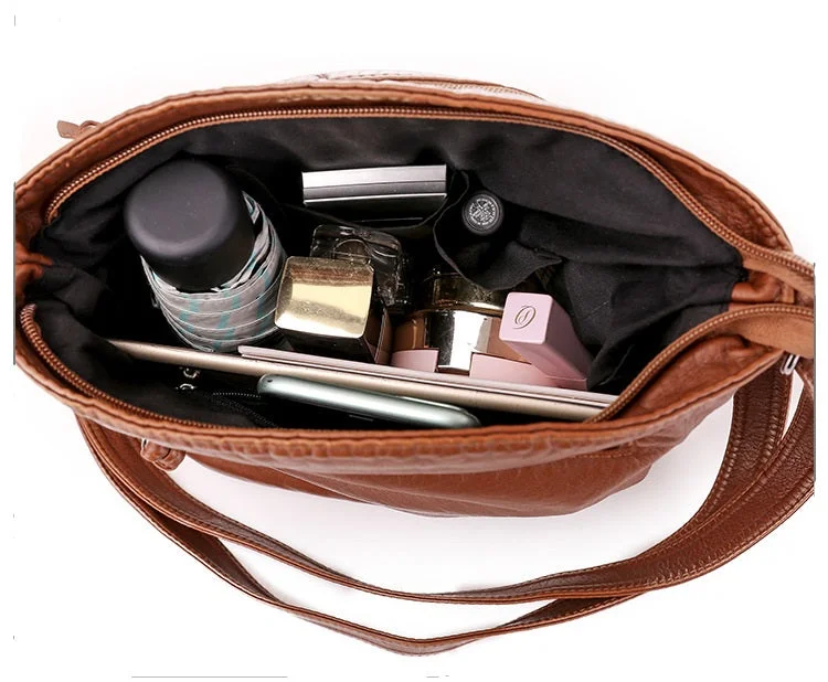 Casual soft leather solid color large capacity shoulder bag