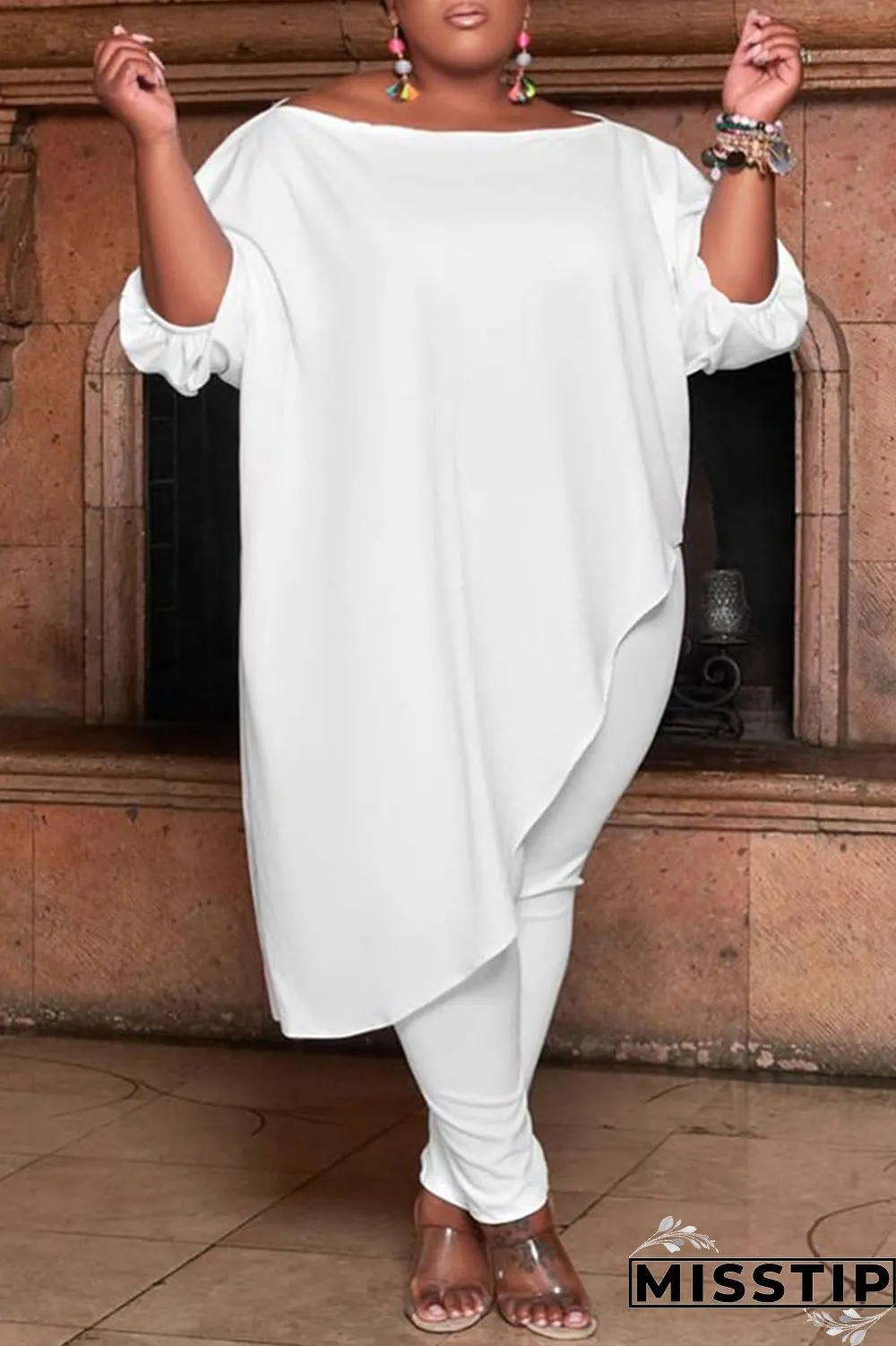 Green Fashion Casual Solid Asymmetrical Oblique Collar Plus Size Two Pieces