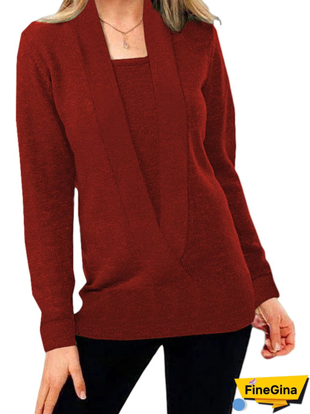 Women's Solid Color Square Collar Fake Two Long Sleeve Top