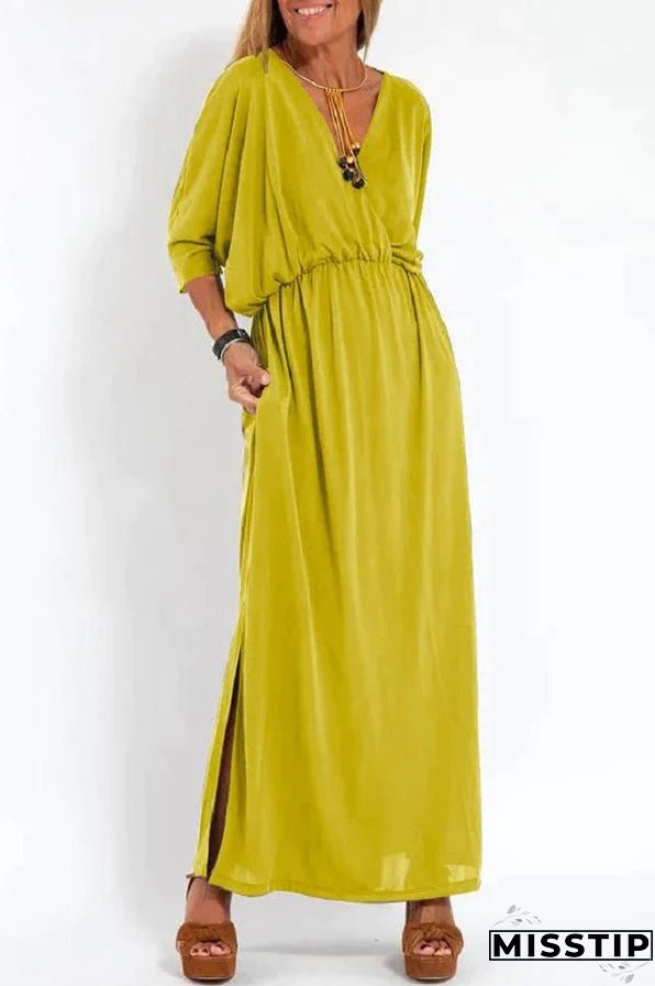 Ultimate Comfort Elastic Waist Half Sleeve Pocketed Slit Maxi Dress