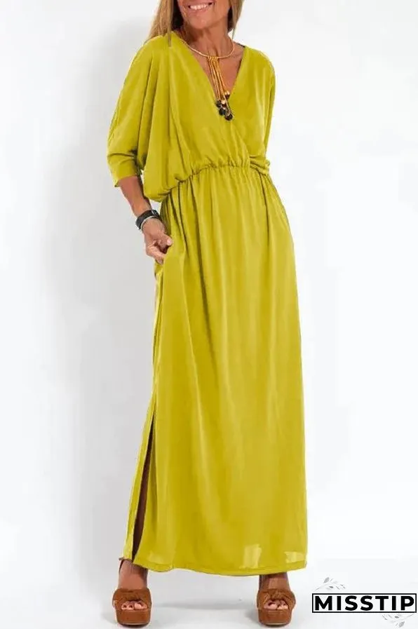 Ultimate Comfort Elastic Waist Half Sleeve Pocketed Slit Maxi Dress
