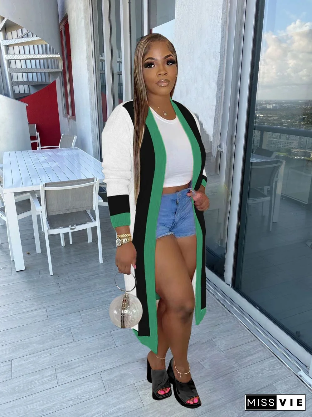 Color-block Hand Knitted Sweater Cardigan Coat