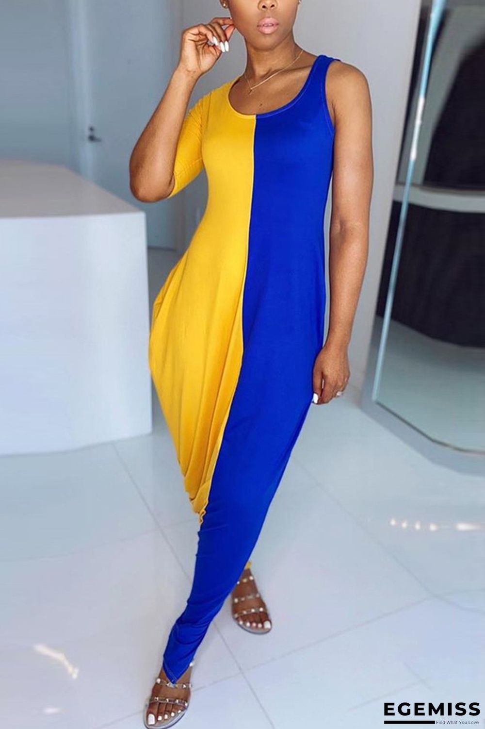 Yellow Street Solid Patchwork U Neck Short Sleeve Floor Length Dresses | EGEMISS