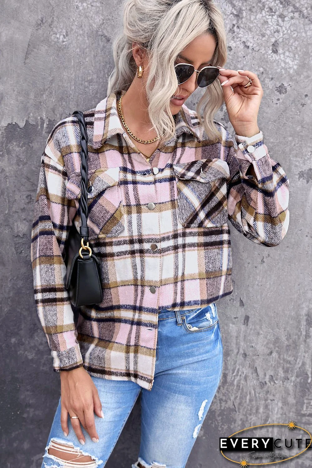 Pink Geometric Plaid Print Pocketed Shirt