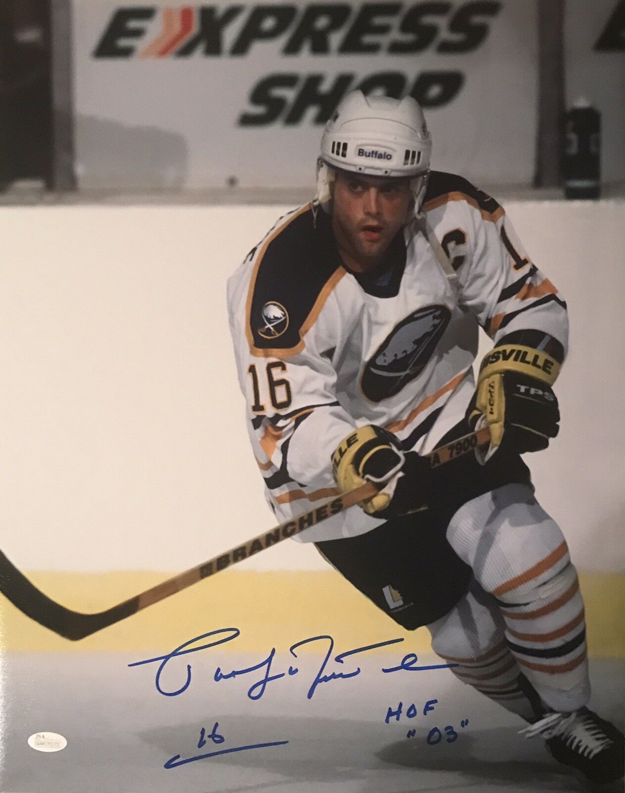 Pat LaFontaine Buffalo Sabres “HOF 03” Autographed 16X20 Pose #1 JSA Witness