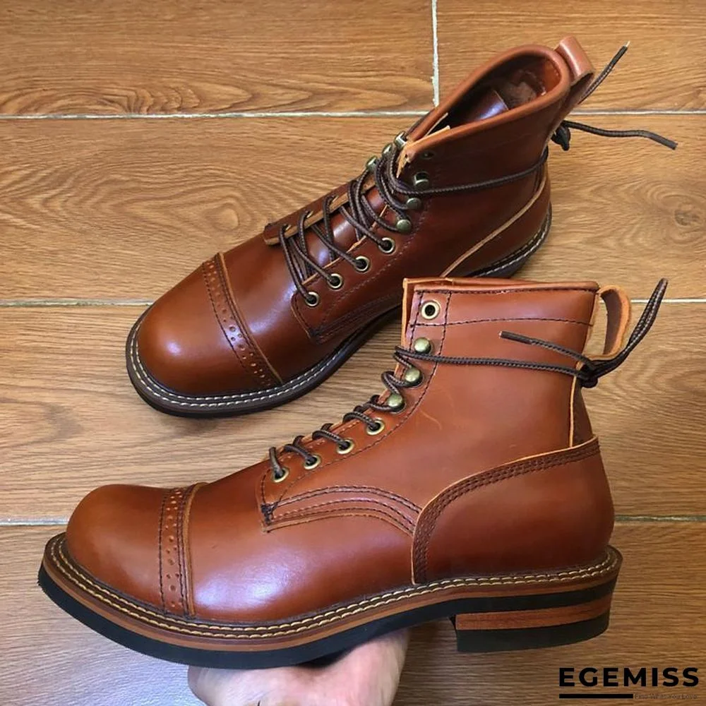 Genuine Genuine Leather Lace-Up Vintage High Quality Tooling White Ankle Boots Motorcycle Boots | EGEMISS