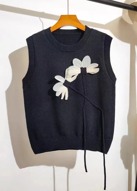 Stylish Black O Neck Floral Patchwork Knit Vest Tops Sleeveless
