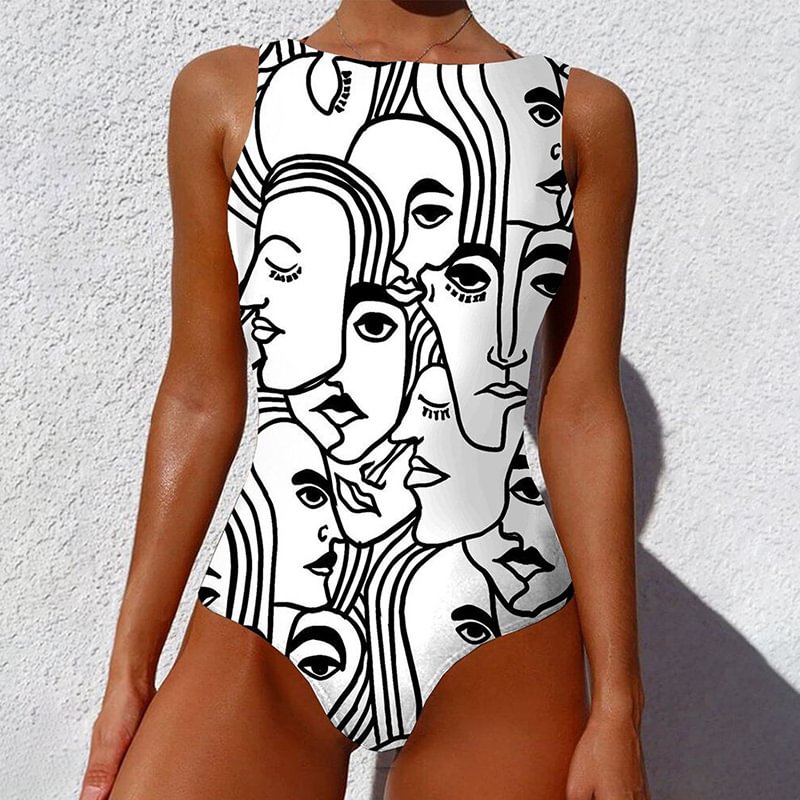 Abstract Face Art Allover Printed One-piece Swimsuit