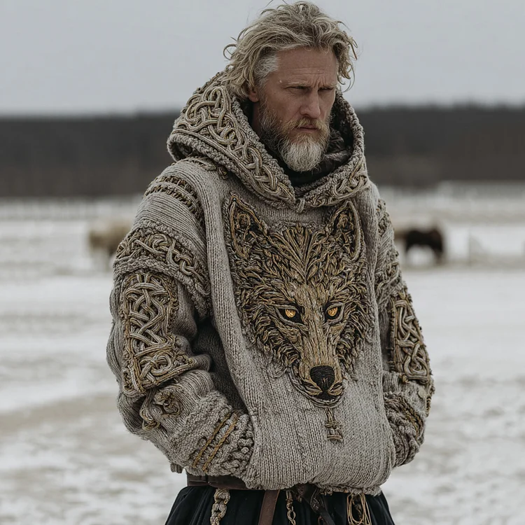 Men's Viking Wolf Head Celtic Thick Hooded Sweater
