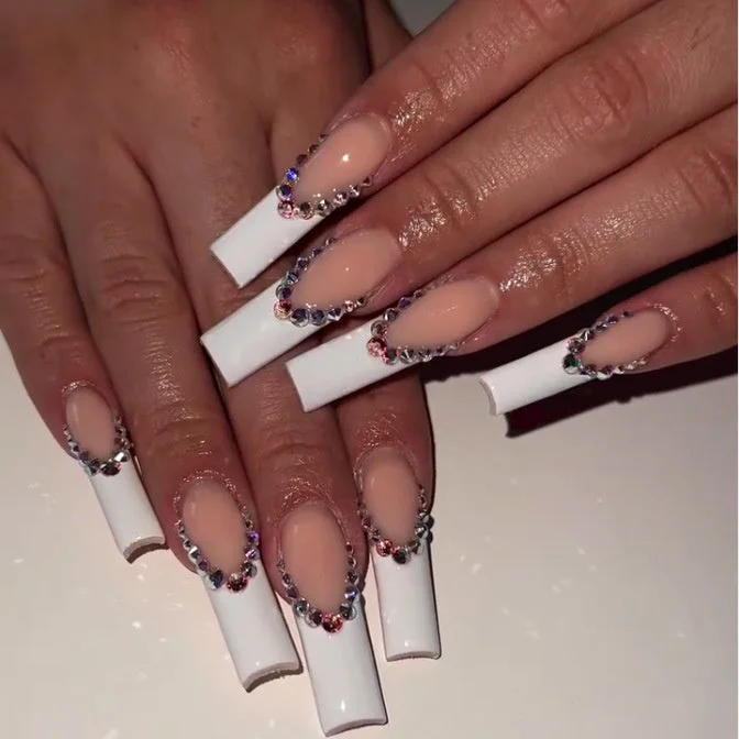 Long Manicure French Diamond Nail Patch Fake Nails