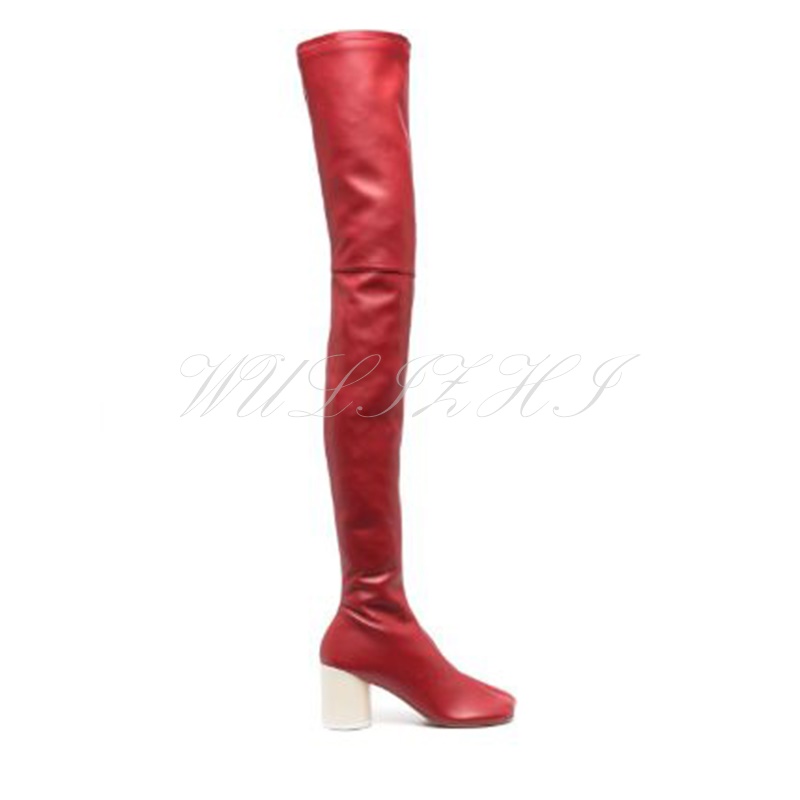 VCSHOES Nude Pink Leather Tabi Stretch Boots Women Apricot Round Heel Thigh Red Black Genuine Leather Skinny Casual Shoes