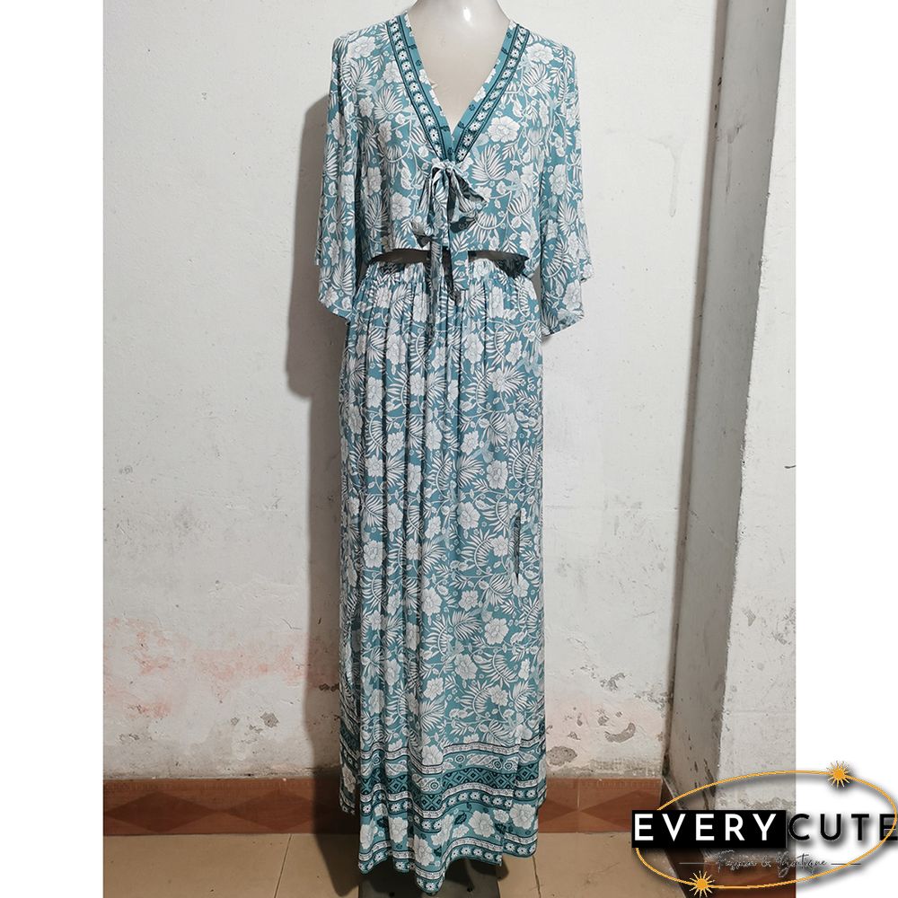 Green V Neck Bohemia Top And Split Skirt Set