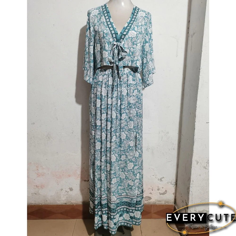 Green V Neck Bohemia Top And Split Skirt Set