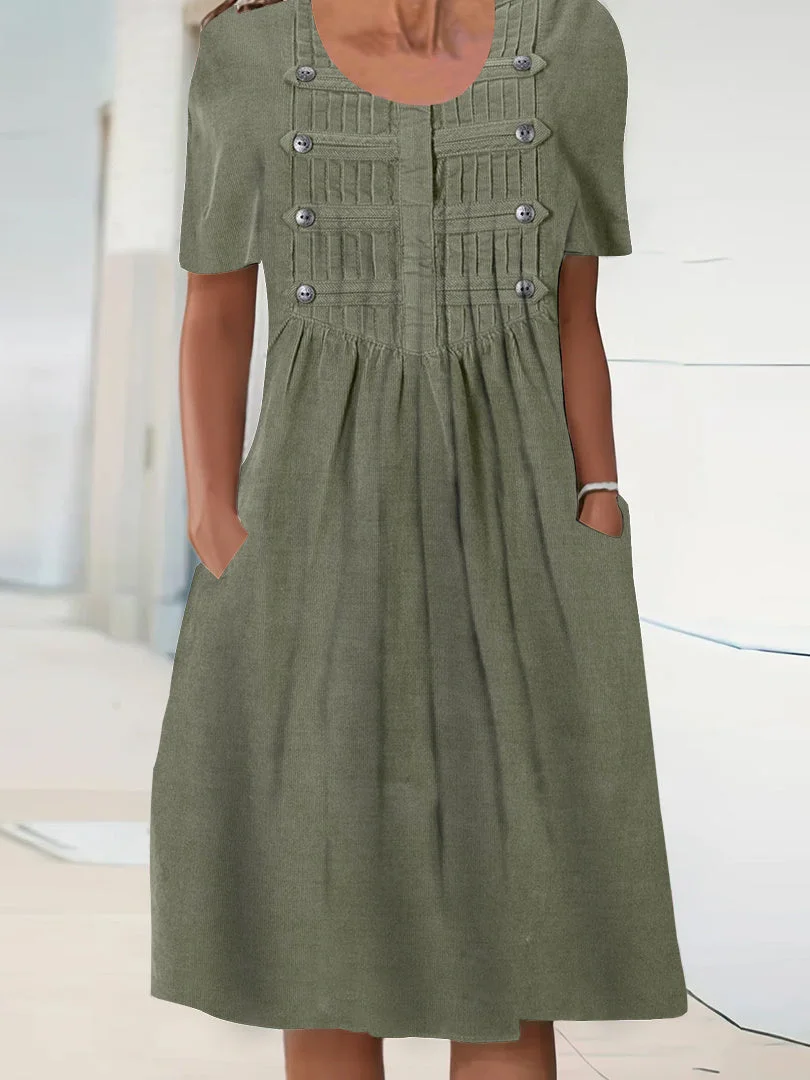 Women's Short Sleeve Scoop Neck Solid Button Pockets Midi Dress