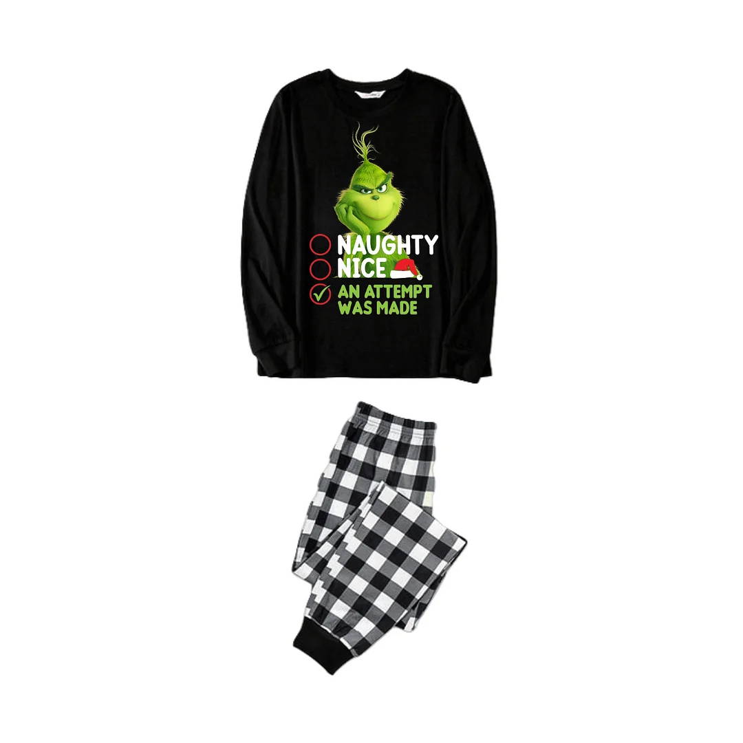 Cute Cartoon Pattern and Slogan Text Printed Black and White Plaid Family Matching Pajamas