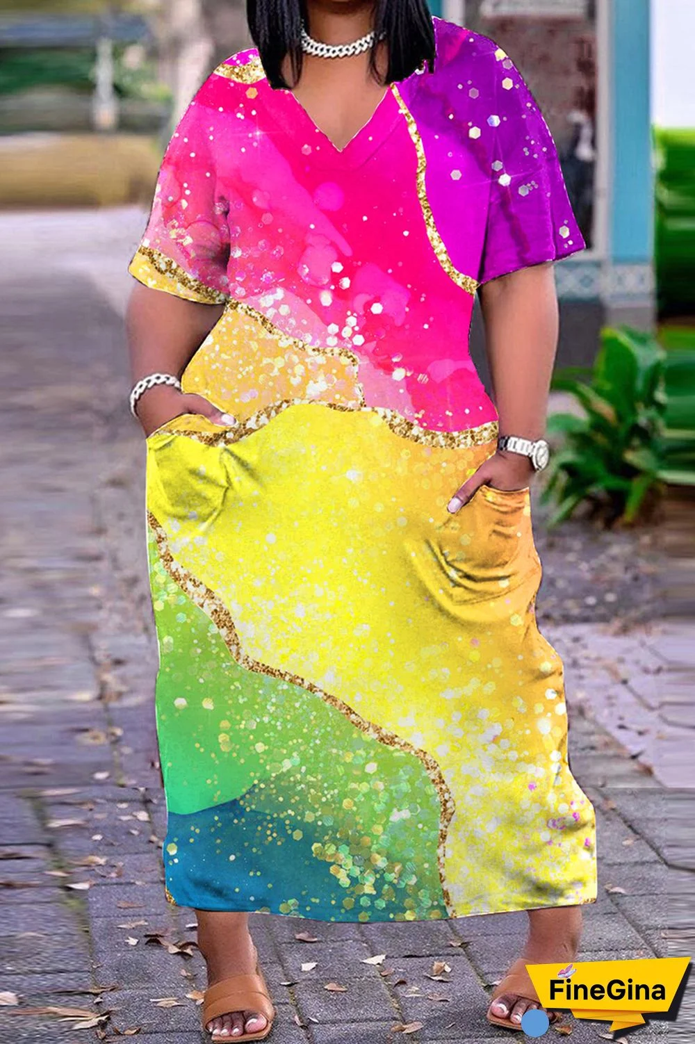 Light Blue Casual Print Patchwork V Neck Short Sleeve Dress