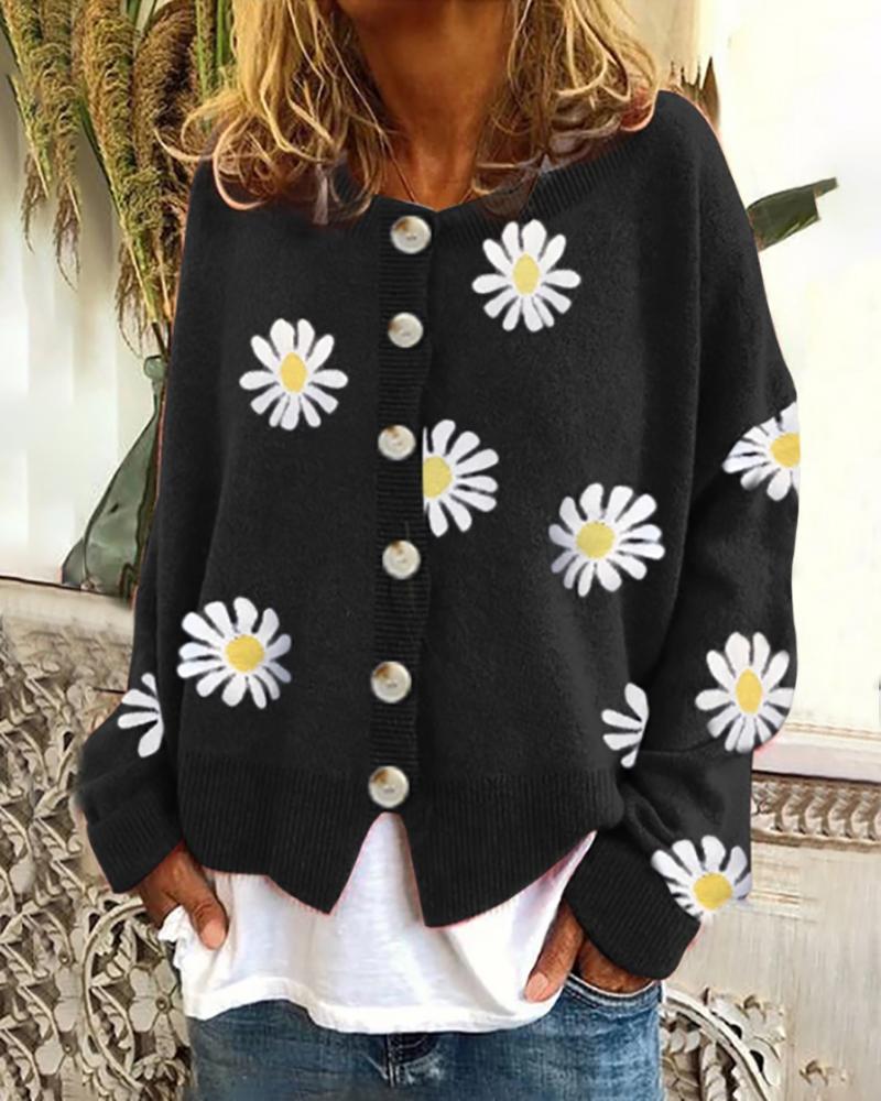 Rotimia Sweet Daisy Printed  Button Cardigan