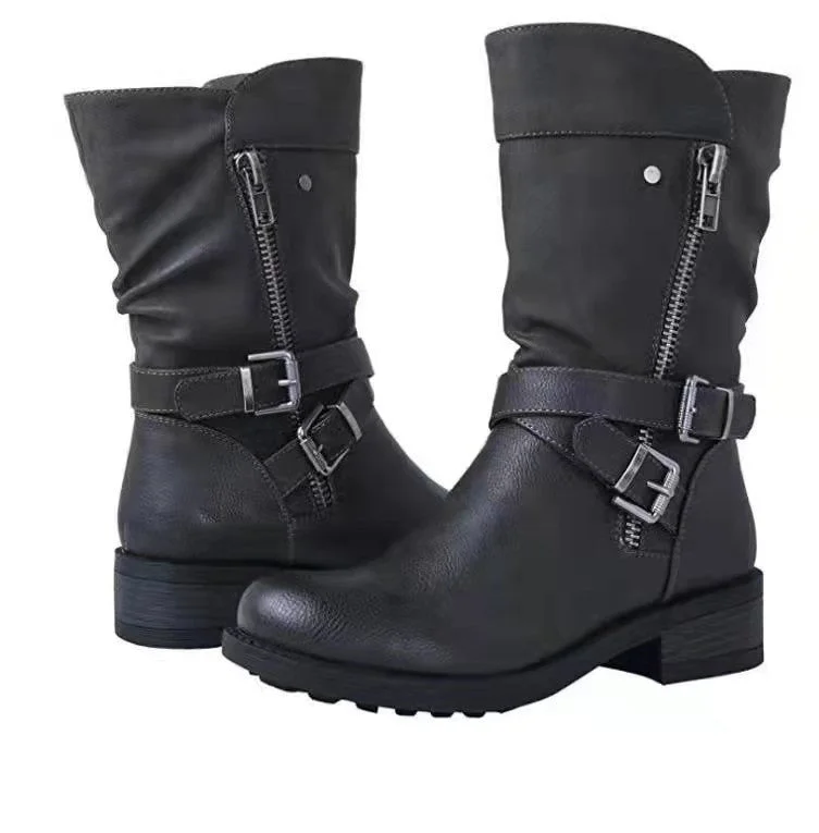 Shoes Women's Leather Boots Retro Belt Buckle Mid Calf Boots Round Toe 2021 Water Proof Casual Martin Boots Women Botas De Mujer