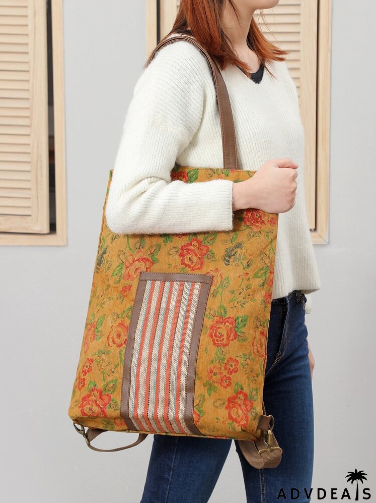 Flower Graphic Striped Tote Bag
