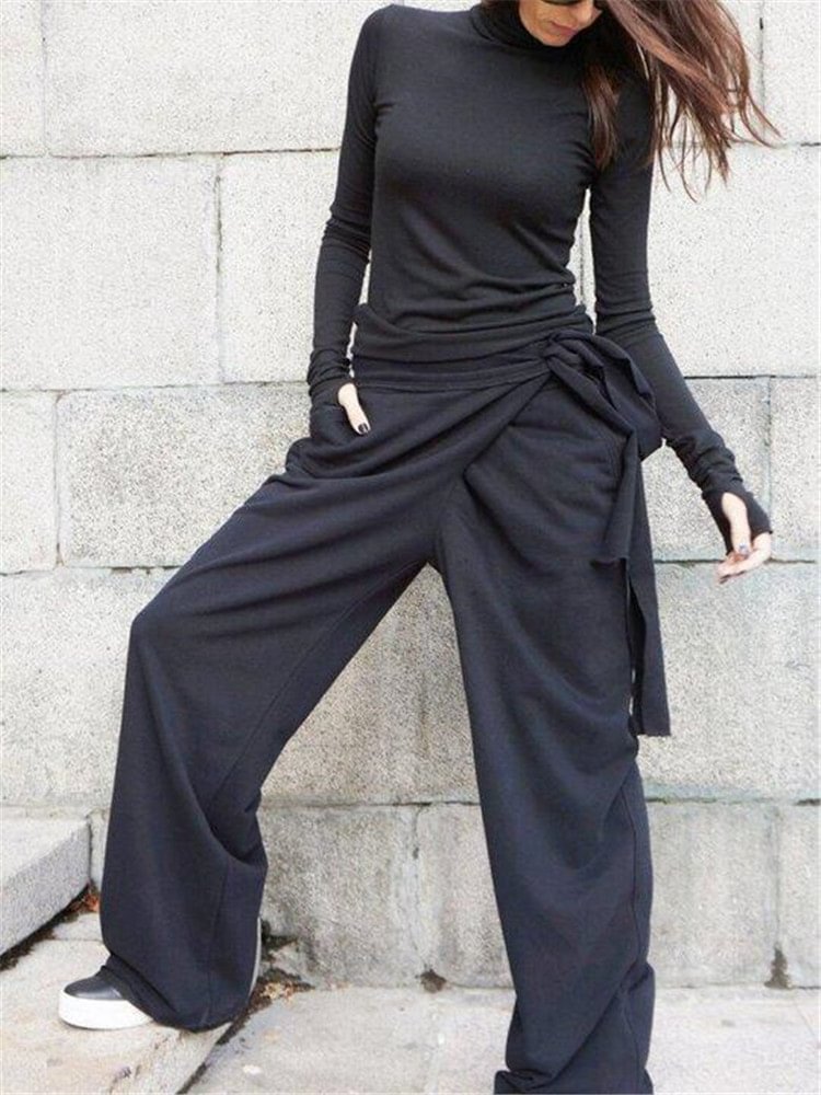 Navy Blue Women's Two-piece temperament self-cultivation wide leg pants oversize Two-piece Outfits MusePointer