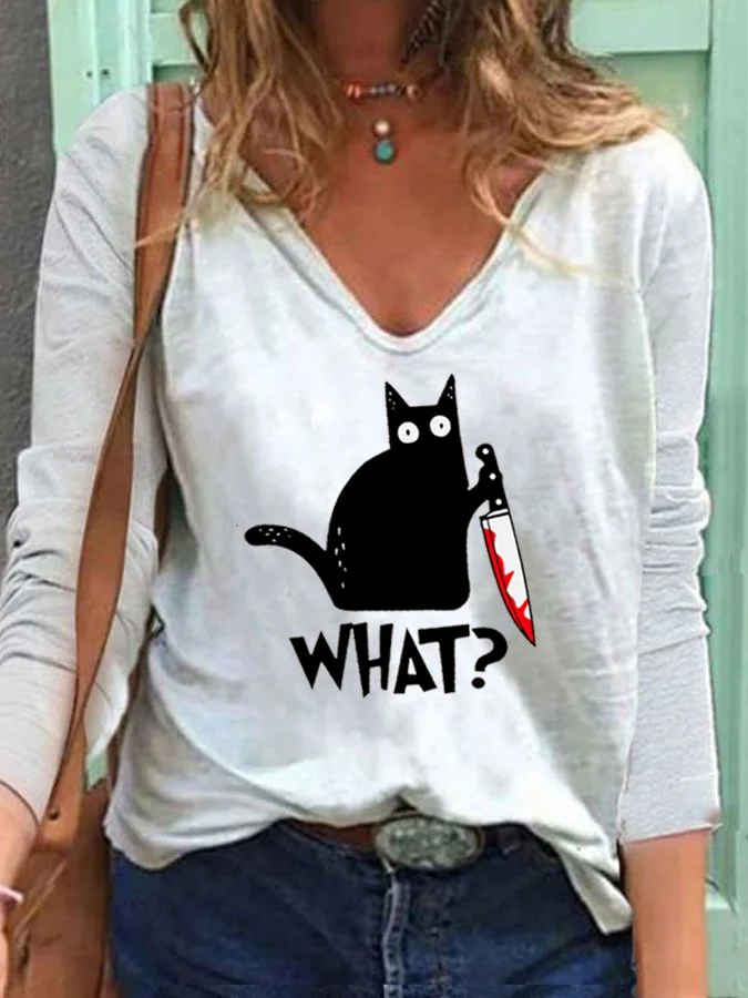 Women's Halloween "What?" Print V Neck T-shirt