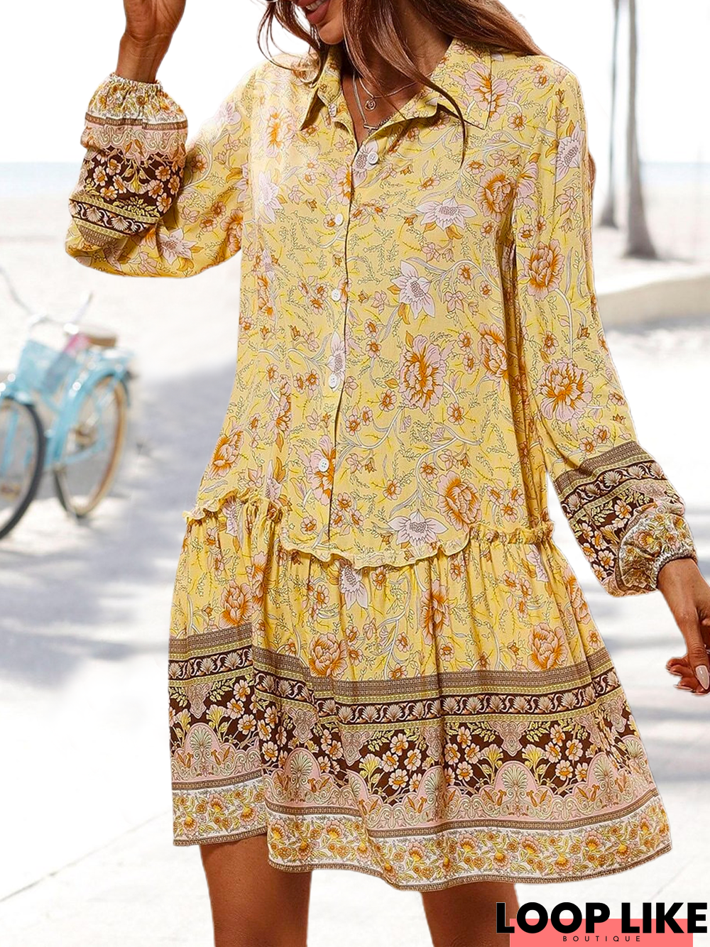 Floral Shirt Collar Vacation Dress