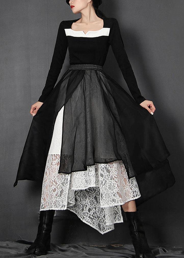 Loose Black Elastic Waist Patchwork Lace Asymmetrical Design Summer Skirt