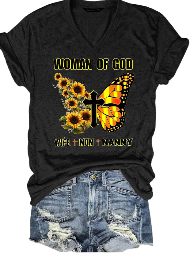 Woman Of God Wife&Mom&Nanny Sunflower Butterfly Shirts&Tops socialshop