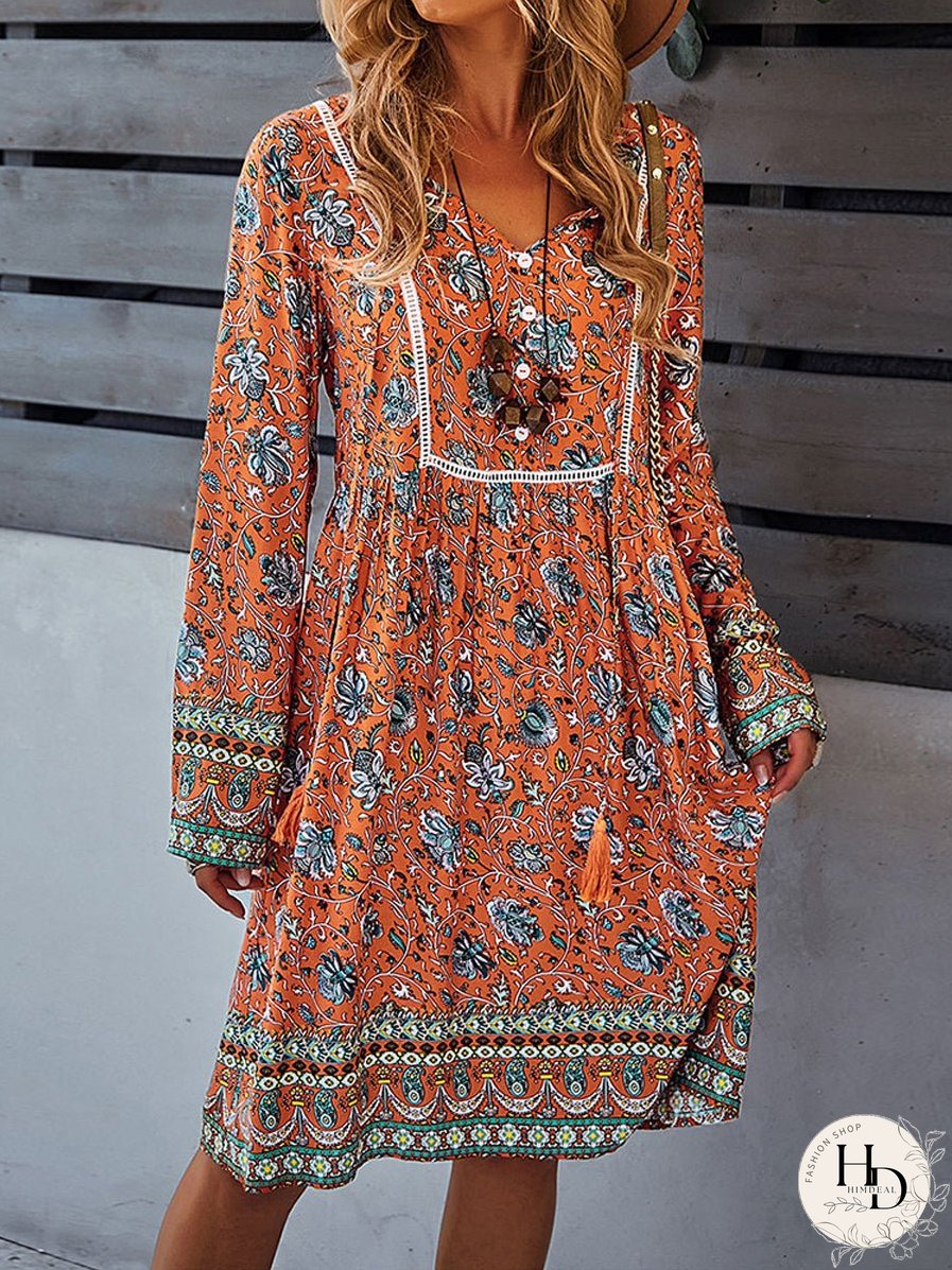 Bohemian Print V-Neck Knee Length Midi Dress