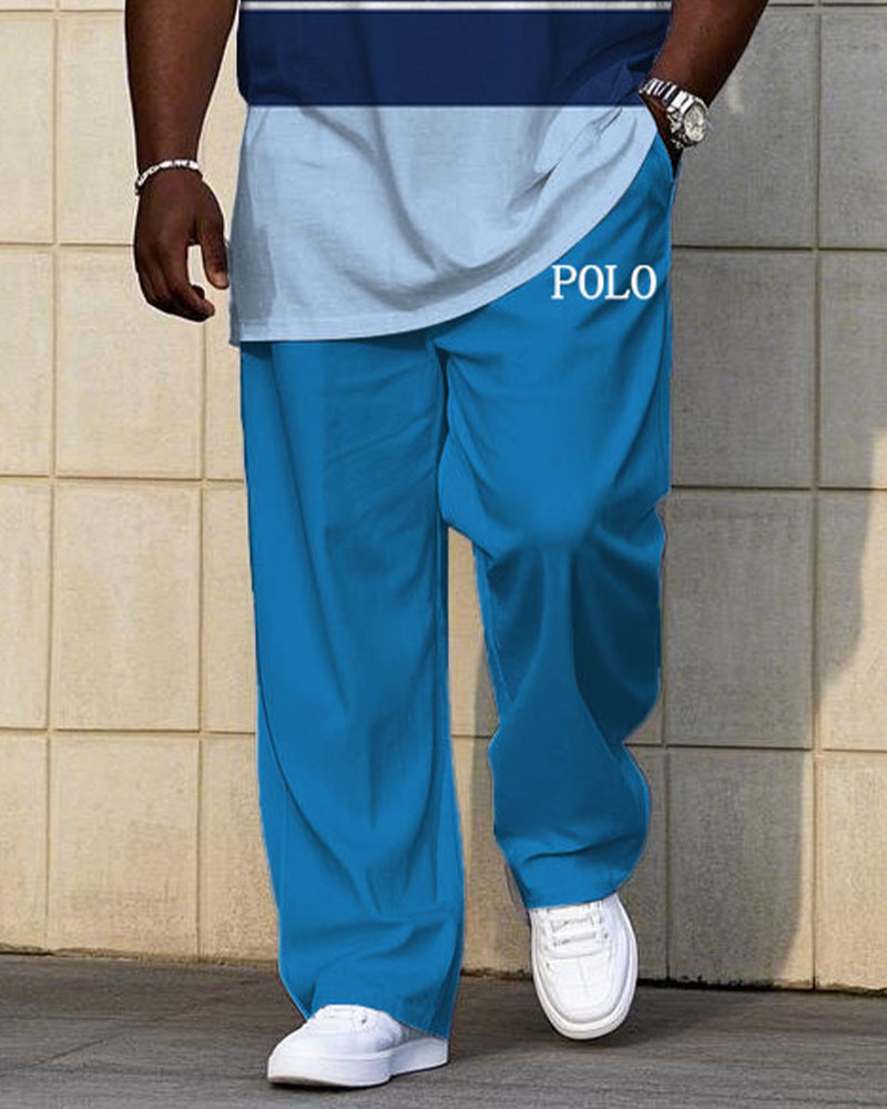Men's Plus Size Summer Blue & White Striped Chest Small Label Printed Short Sleeve T-Shirt Trousers Suit