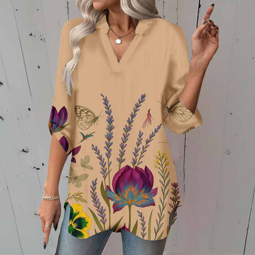 Women Floral,Khaki DZGA0011 3/4 Sleeve V-neck Printed Graphic Button Tops